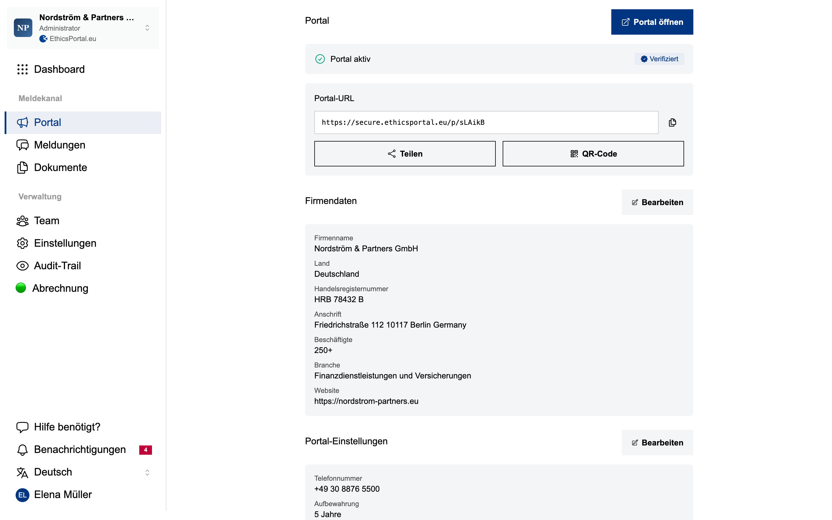 Konfigurationsoberfläche des Portals