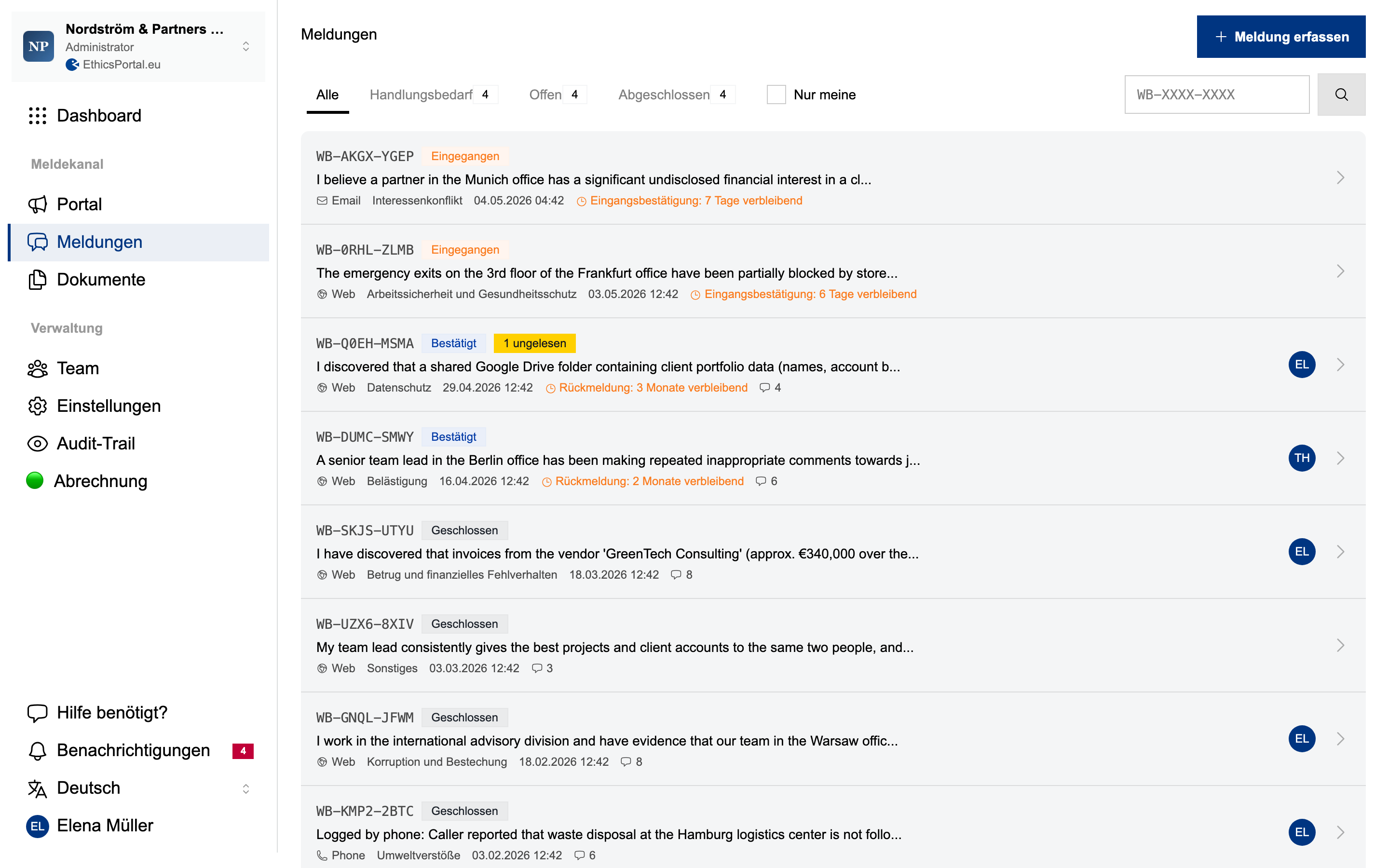 EthicsPortal-Fallliste neben dem mobilen Meldeportal für Beschäftigte