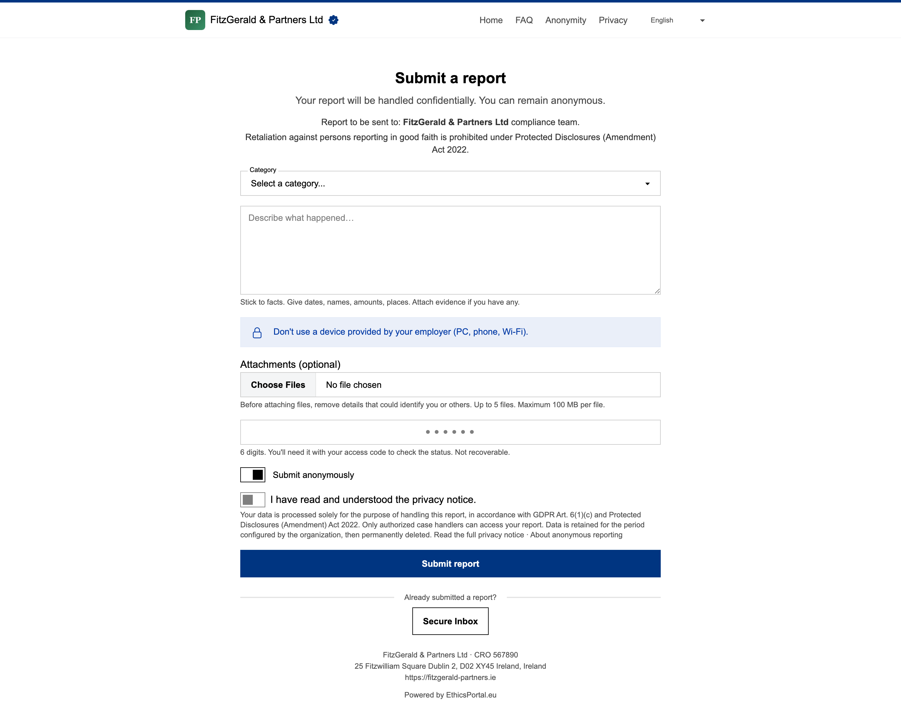 Anonymous reporting form