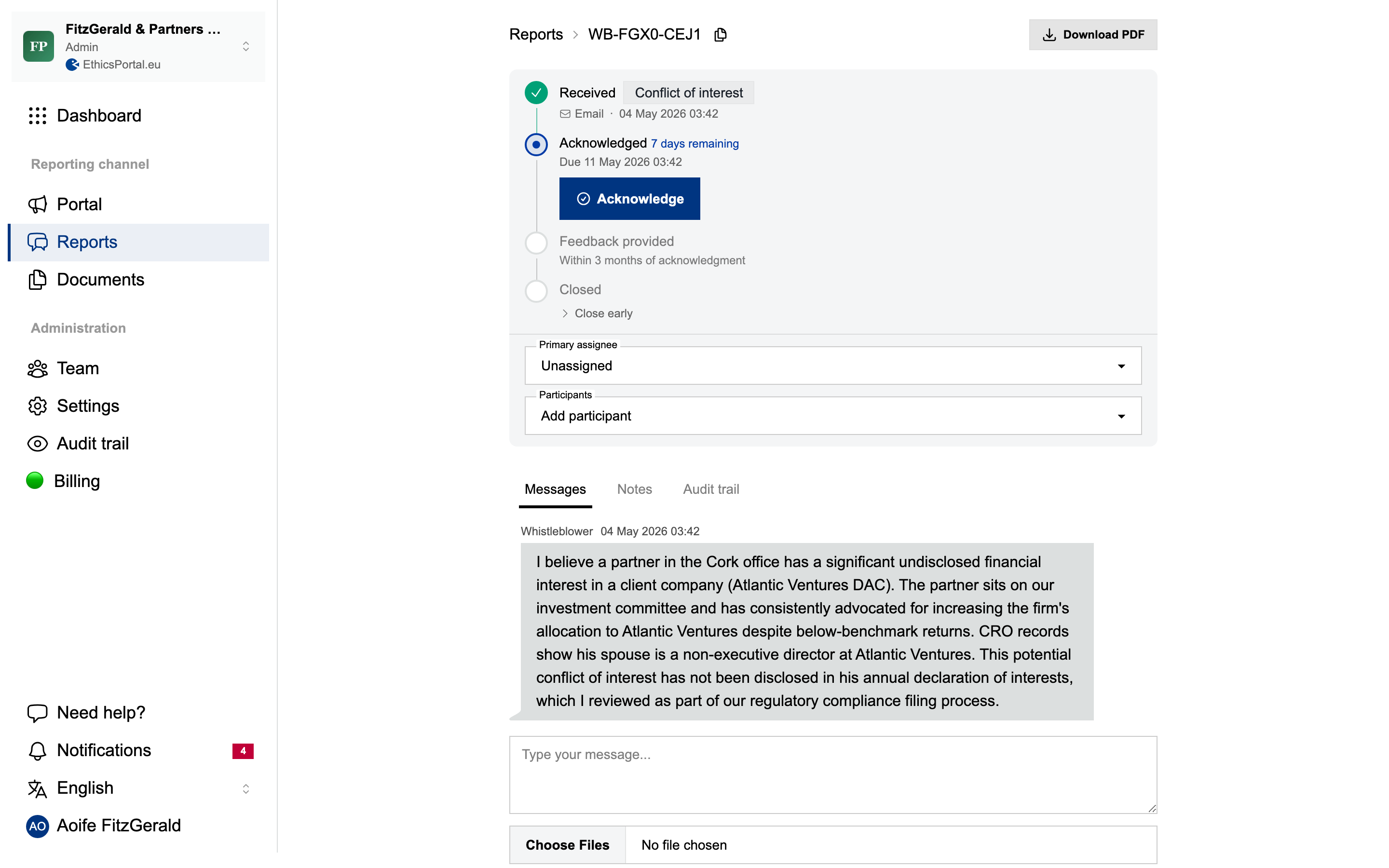Individual case view with secure messaging, deadlines, and audit trail
