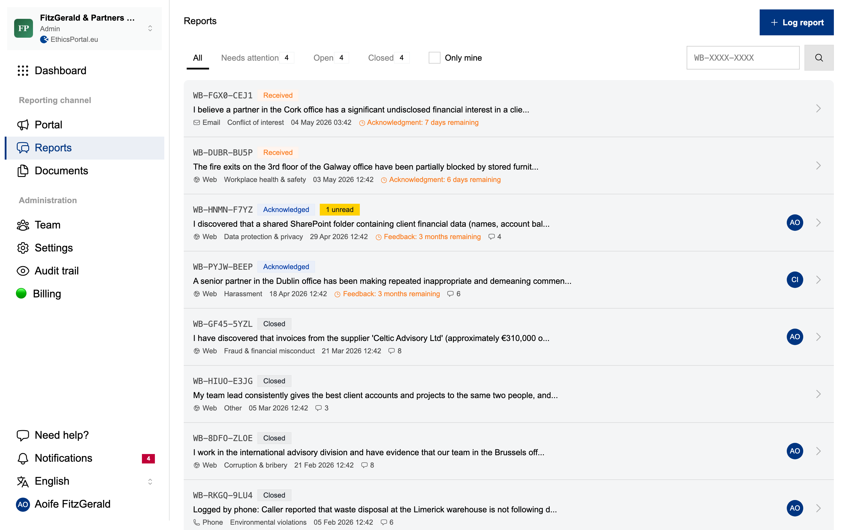 EthicsPortal case list alongside the mobile reporting portal employees use