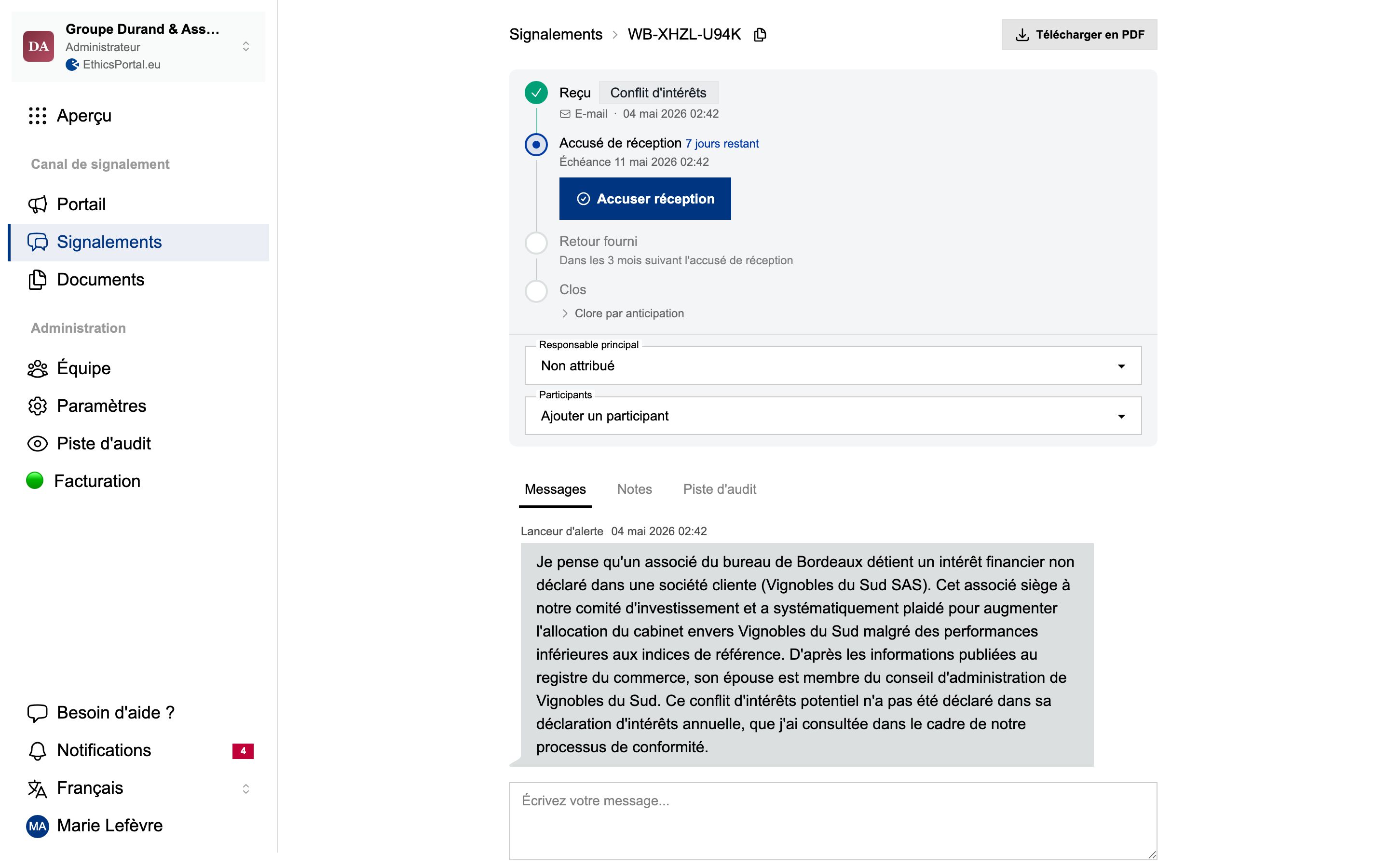 Vue d'un dossier individuel avec messagerie sécurisée, délais et journal d'audit