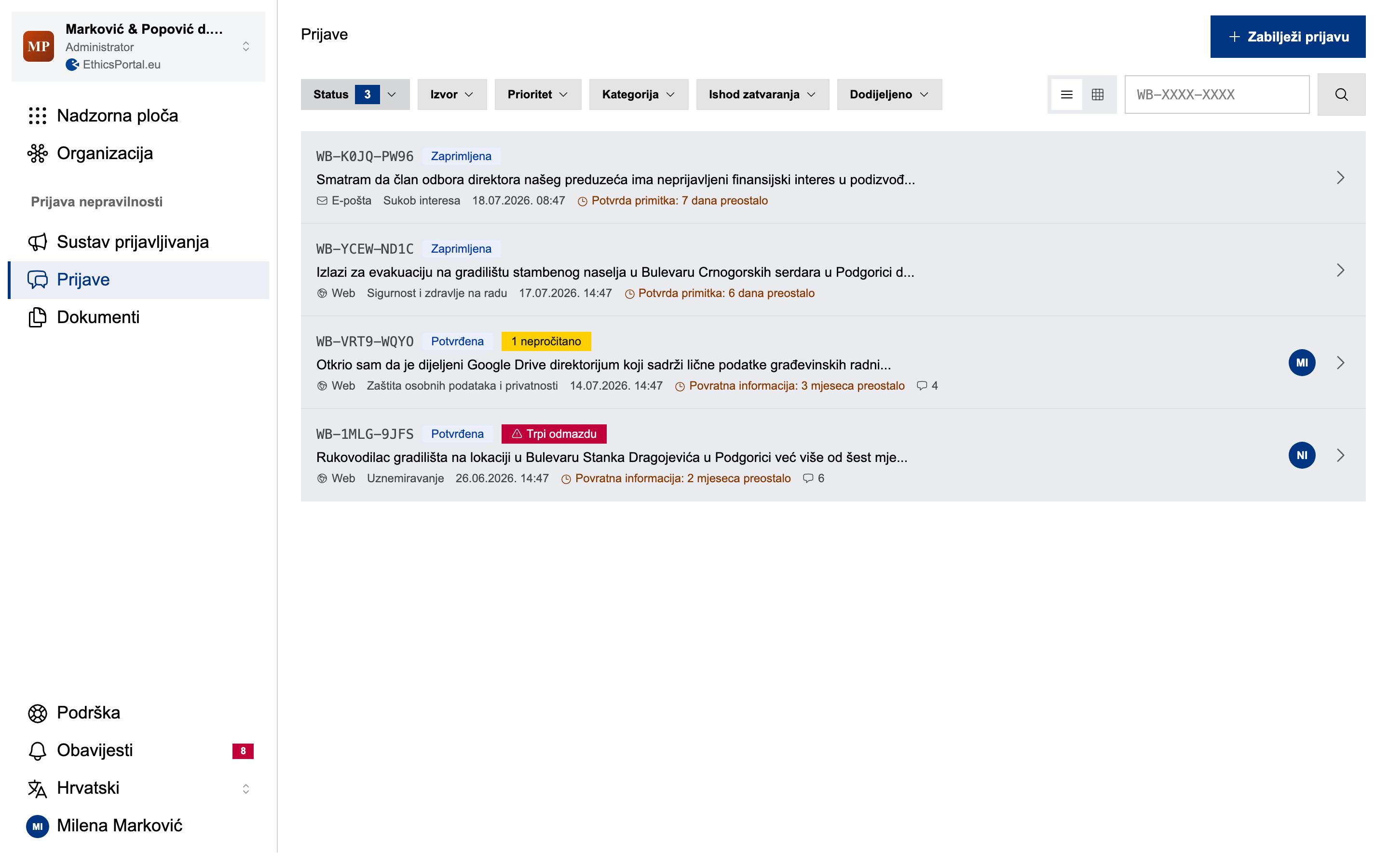 Popis predmeta u EthicsPortalu uz mobilni kanal za prijavu koji radnici koriste