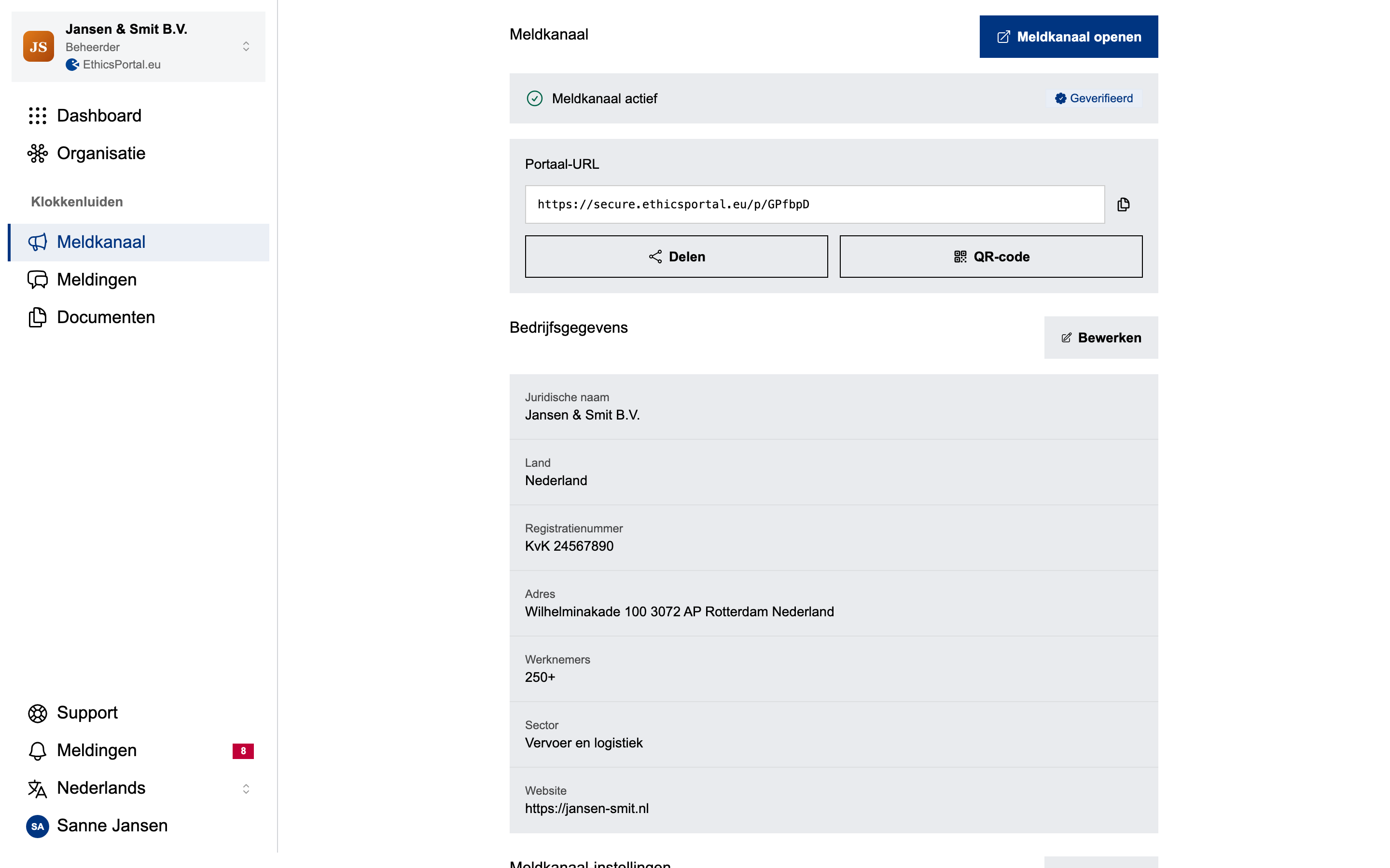 Interface voor meldkanaalconfiguratie