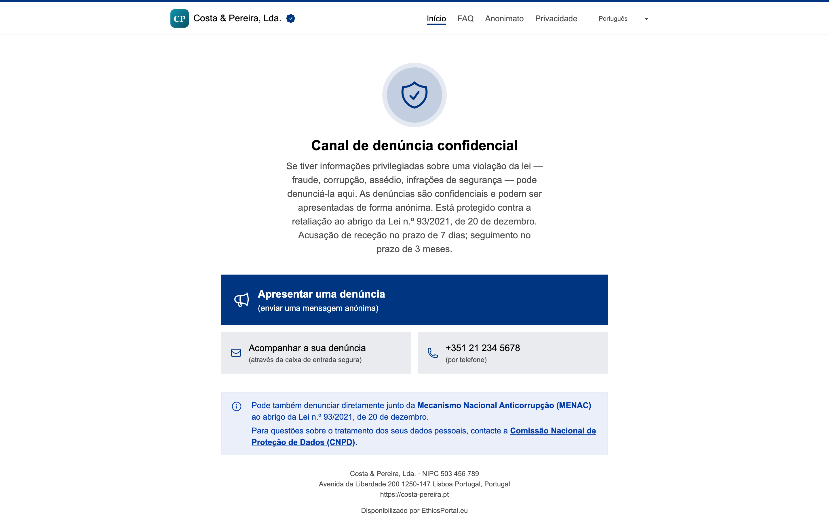 Partilha do link e do código QR do canal de denúncia