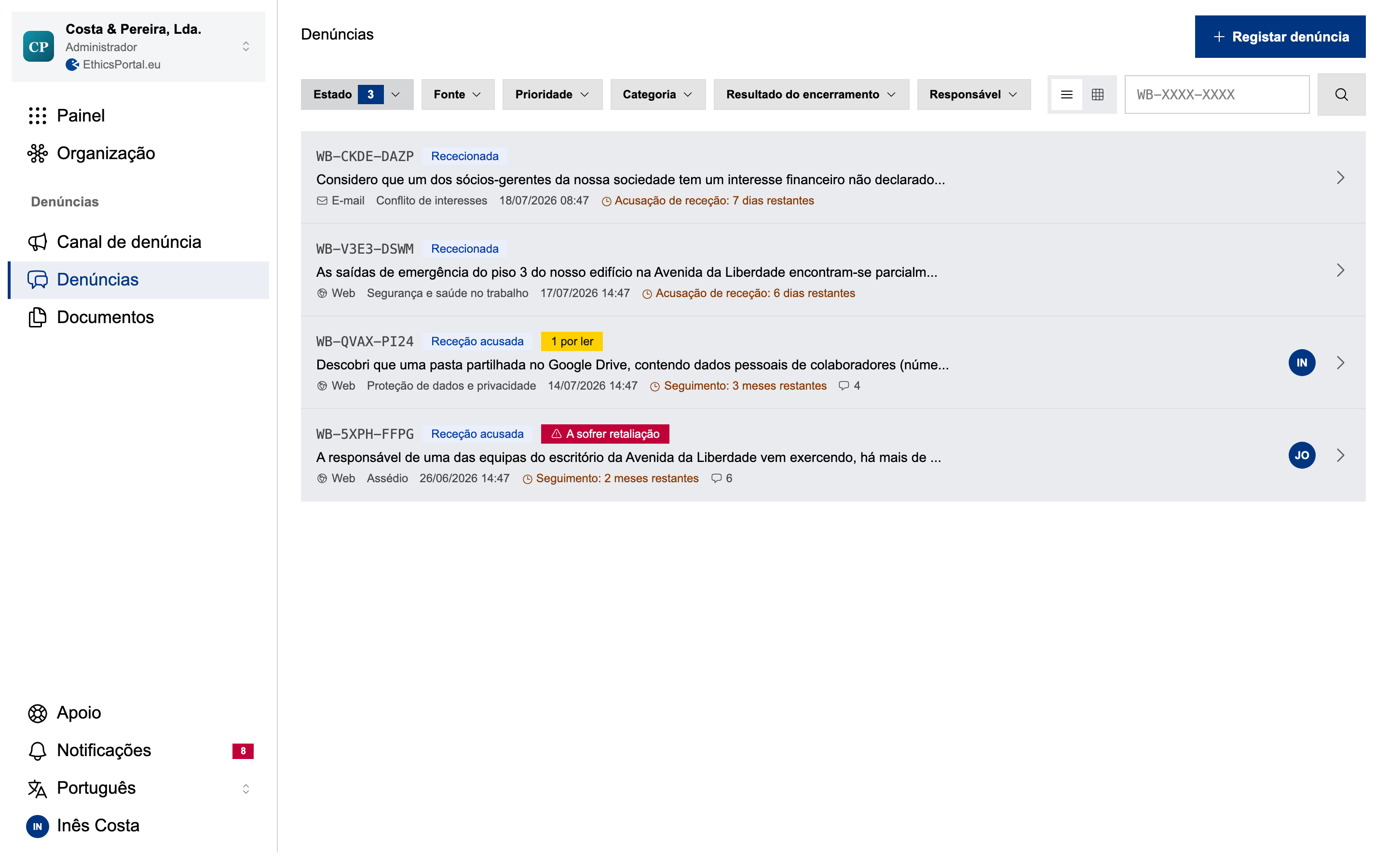 Lista de processos do EthicsPortal ao lado do canal de denúncia móvel utilizado pelos trabalhadores