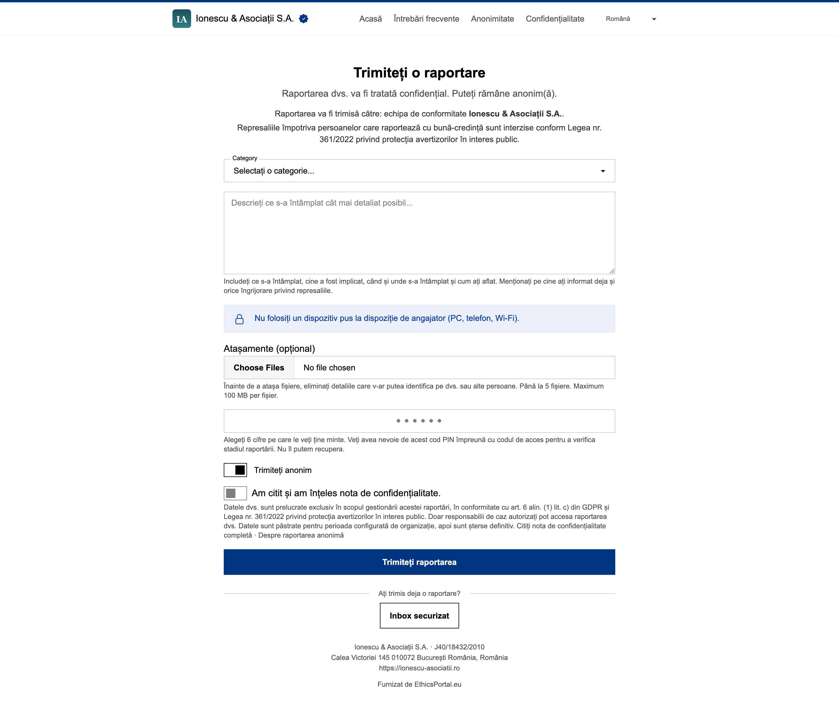 Formular de raportare anonimă